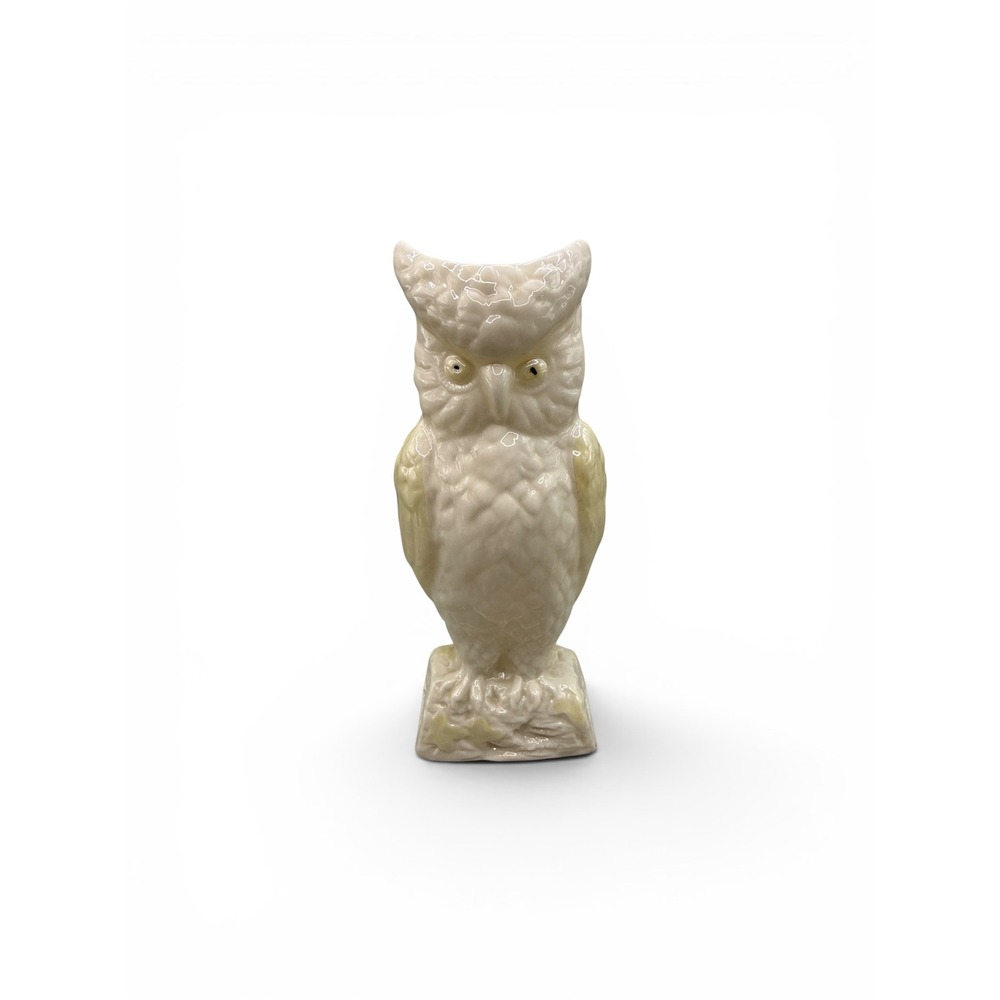 Belleek Ireland Horned Owl Figurine Green Mark 8" Vintage Parian China Vase